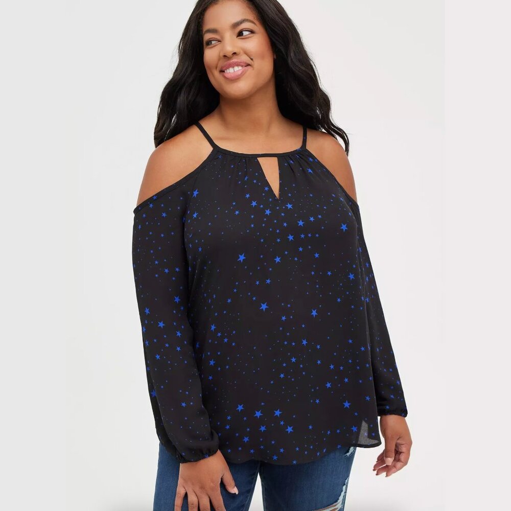 Torrid Black Blue Star Print Blouse 1X - Whimsigoth Fall Top